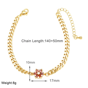 Detail showing gold flower bracelet with red and white zircon inlays on white background