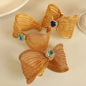 Fashion Women Titanium Steel Mesh Bowknot Bracelet Sweet Heart Shape Rhinestone Inlaid Elegant Jewelry Gift Gold Bracelet