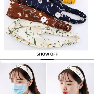 Floral chiffon headband with white buttons for mask hanging shown on model and flat lay