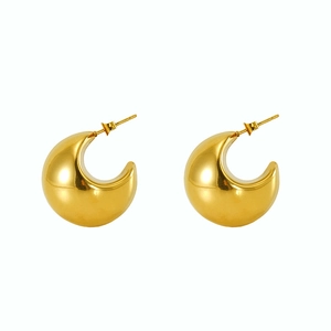 Polished gold crescent moon hoop earrings in chunky stainless steel for women