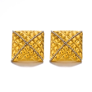 Gold square stud earrings with quilted pattern and bead-set X design on white background