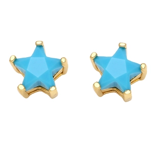 Close-up of star-shaped turquoise earrings with gold claw setting on a white background