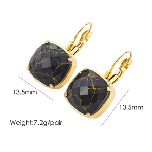 Detail view of square black stone gold earrings with 13.5mm width and 7.2g weight specs