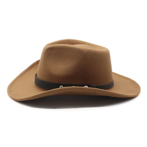Close-up of brown wool felt cowboy hat featuring black leather band and silver studs