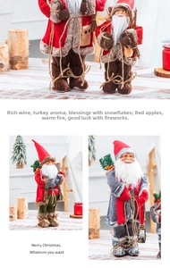 Detailed view of Santa Claus figurine with faux fur trim, pine cones and vintage lantern