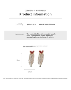 Detail of red rhinestone heart earrings with sparkling tassel fringe measurements