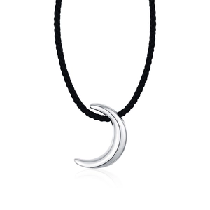 Minimalist s925 silver crescent moon pendant on a black cord necklace with mirror reflection