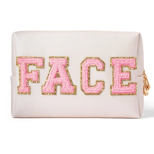 Pink PU leather makeup bag with pink chenille FACE letters and gold glitter edges