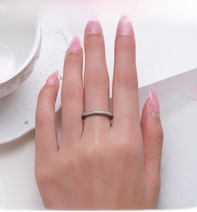 Close-up of S925 sterling silver micro-pave diamond ring on a hand with pavé setting