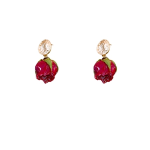 French vintage preserved red rose earrings with golden hammered metal texture studs
