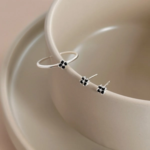 S925 999 Sterling Silver Black Four-leaf Clover Stud Earrings And Open Adjustable Ring Rhinestone Minimalist Fashion Jewelry Duo