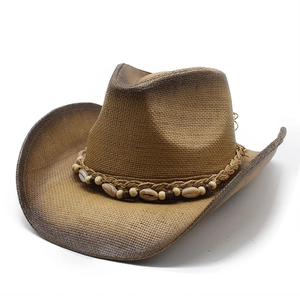 Brown gradient straw cowboy hat with shell and wood bead trim on a clean white background
