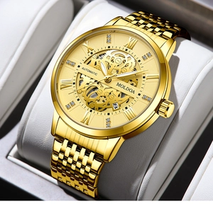Detail of gold automatic watch with skeleton dial showing gear mechanism and roman numerals