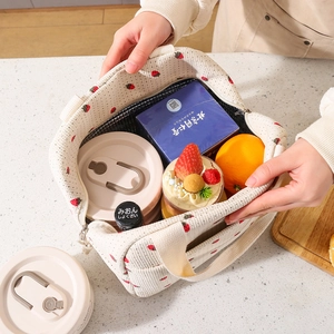 Floral corduroy insulated lunch bag with strawberry pattern and thermal aluminum lining