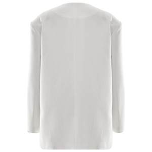 Rear view of the white long-sleeve blazer showing the minimalist design and clean cut