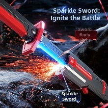 Detail showing the LED light-up blade and simulated electric spark effect of the sci-fi toy sword