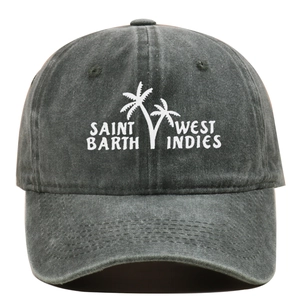 Close-up of Saint Barth West Indies embroidery and palm trees on dark grey vintage baseball cap