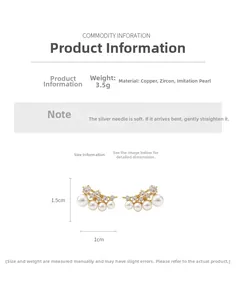 Detailed view of 18k gold plated pearl earrings with zircon inlay and size measurement