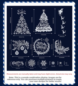 Detailed size chart for Christmas window decals showing reindeer and tree measurements