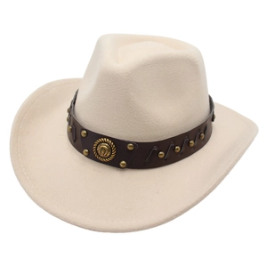 Cream western cowboy felt hat with brown leather band and metallic studs in vintage style
