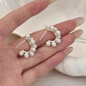 C Shaped Artificial Pearl Stud Earrings Alloy Zircon Geometric French Elegant Simple With 925 Sterling Silver Earring Post Jewelry