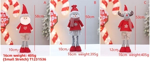 Detail view of telescopic Christmas dolls with height dimensions for Santa, Snowman, and Deer