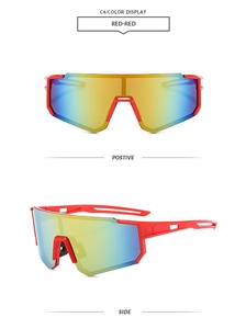 Front and side view of rimless red sports sunglasses with red-yellow gradient lenses