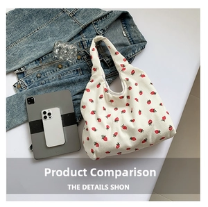 Detail of white corduroy tote bag with red strawberry print and spacious interior