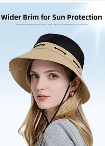 Detail of outdoor sun hat featuring breathable black mesh and a wide 7cm khaki brim
