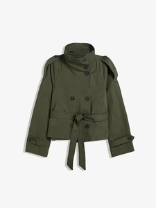 Short double-breasted trench coat in olive green with stand collar and waist belt