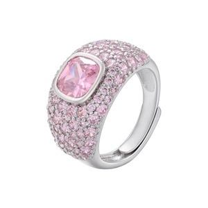 Luxury silver adjustable ring featuring micro-pave pink cubic zirconia and square gemstone