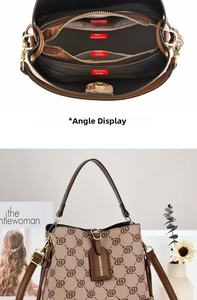 Detailed view of large crossbody bag interior compartments and beige brown monogram pattern