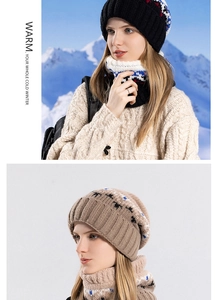 Detail of winter knitted beanie and neck warmer set with blue geometric jacquard pattern