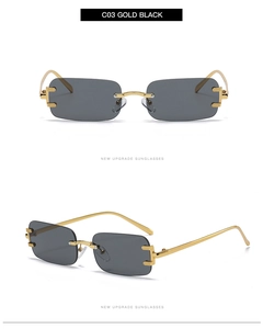 Detailed view of C03 gold black rimless rectangle sunglasses with metallic arms