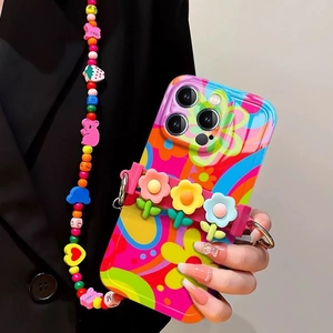 Floral iPhone case with 3D silicone flowers and colorful beaded crossbody wrist strap