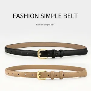 Minimalist genuine leather belts for women in black and khaki with gold metal buckles