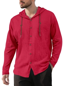 Detail of red men's cotton hoodie shirt with textured fabric, buttons, and drawstrings