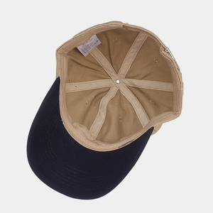 Classic color-block baseball cap with khaki crown, navy brim, and six-panel construction