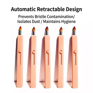 5-piece portable retractable lip brush set with pink handles and soft synthetic bristles