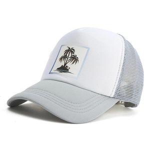Breathable trucker hat with grey brim and white front panel featuring coconut tree graphics