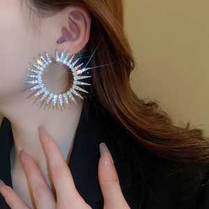 Sparkling sunburst rhinestone earrings with silver needle, luxury sunflower stud jewelry