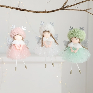Christmas Angel Plush Pendant Mesh Sequin Fairy Doll Hanging Decor With Antler Wings For Holiday Tree Home Party Gift