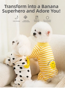 Detail view of high-elastic cotton pet pajamas with banana and happy smile prints