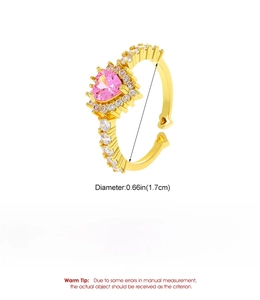 Detail view of pink heart gemstone ring showing 1.7cm diameter and copper material