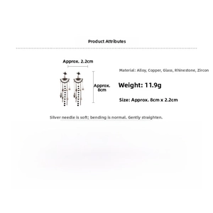 Detail specifications showing 8cm fan-shaped crystal tassel earrings with dimensions and weight
