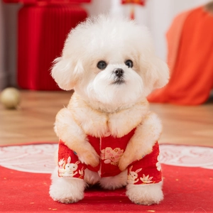 Festive red Chinese Tang suit for small dogs with white rabbit embroidery and faux fur trim