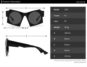Detailed size chart for geometric sunglasses showing dimensions and PC material specs