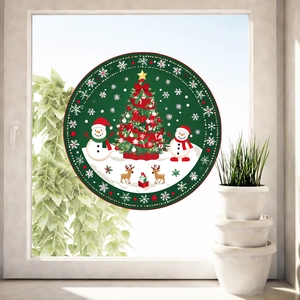Close-up of Santa snowman static window sticker with reindeer and white snowflakes