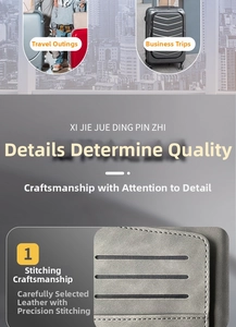 Close-up of precise stitching and premium gray leather texture on travel passport holder