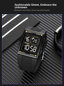 Detail of SKMEI digital sport watch with textured silicone strap and multi-function dial